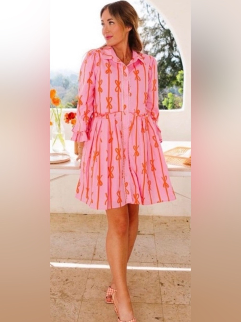 IVY CITY CO BOWIE PINK BOW PRINT DRESS, SIZE M.
